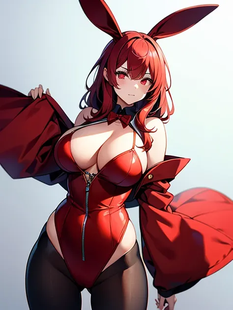 girl, red hair, Red eyes, big breasts, red bunny costume.