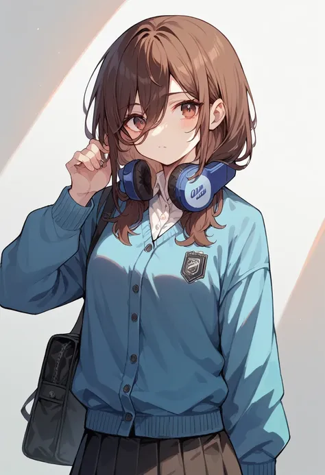 long hair,dark brown hair,the right eye is hidden by hair,headphone,uniform,skirt green,blue cardigan