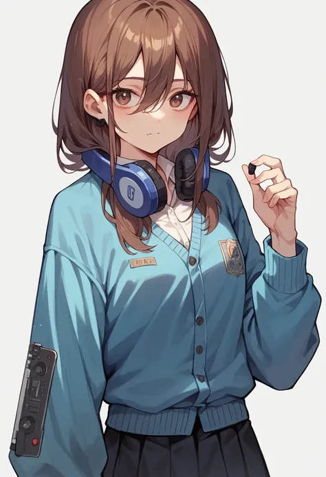 long hair,dark brown hair,the right eye is hidden by hair,headphone,uniform,skirt green,blue cardigan