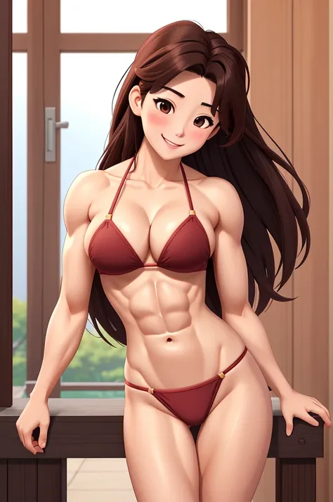 attractive korean woman, ripped muscle, muscular body, pale skin, smile(blush), bikini, sixpack abs, [ultra detailed skin:1.2], dark brown hair, long messy hair, 8k uhd, pussy, stand,