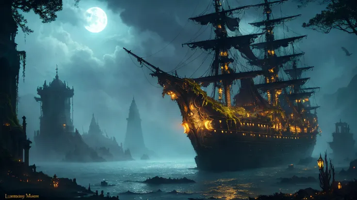 ship, high-fantasy, magical effects, hyper realistic, hyper detailed, mysterious air, ancient and abandoned, grown-over, luminescent moss, dark atmosphere, glowing lights spread evenly, very aesthetic, beautiful underwater scenery in the background,full mo...