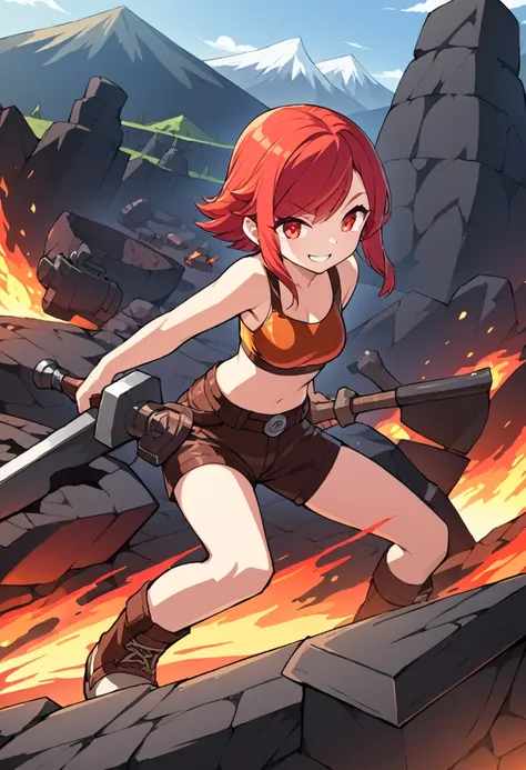 detailed illustration, dynamic angle, ultra-detailed, illustration, 1girl, fire red hair, red orange hair, smith hammer, anvil, lava, mountain, forge, smiling, red eyes, firey eyes, leather clothes, , medium breasts, crop top, shorts, WindWakerStyle