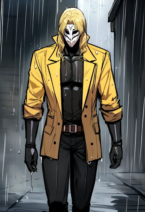 create concept art with batman man he is blonde and wet in the rain,Ranni,with half of the mask broken