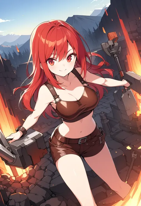 detailed illustration, dynamic angle, ultra-detailed, illustration, 1girl, fire red hair, red orange hair, smith hammer, anvil, lava, mountain, forge, smiling, red eyes, firey eyes, leather clothes, , medium breasts, crop top, shorts,