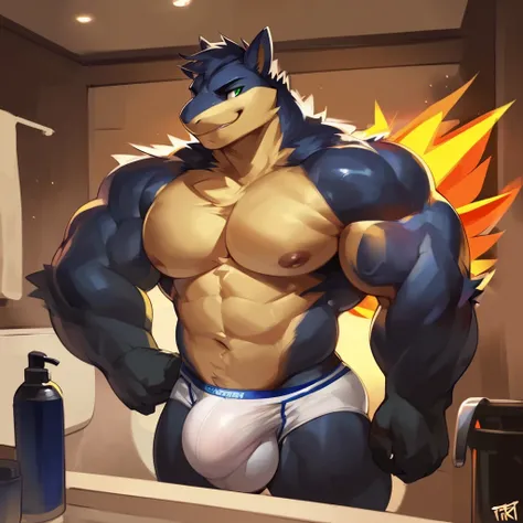 Solo, male (((typhlosion, green eyes, black sclera, muscular, huge muscular, broad shoulders, big pecs, abs, fire moehawk, fire mane, black body, black fur, tan body, tan abdomen, tan pecs, veiny muscles, muscular neck, arm tuft, facial tuft, white briefs,...