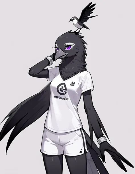 2d art, furry art, an Anthropomorphic avian crow girl, female, black birds crest on head, small grey beak, tall,  black arms and legs, black body, wingless, no wings, standing, white background, purple eyes, humanoid body, humanoid arms, hands with five fi...