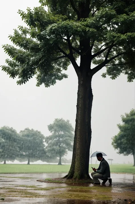 Cartoon of a man under a tree while it is raining very hard