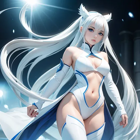 Korean girl, white long hair with bangs, icy blue eyes, white skin, white skimpy ninja suit, video game style, mortal kombat style