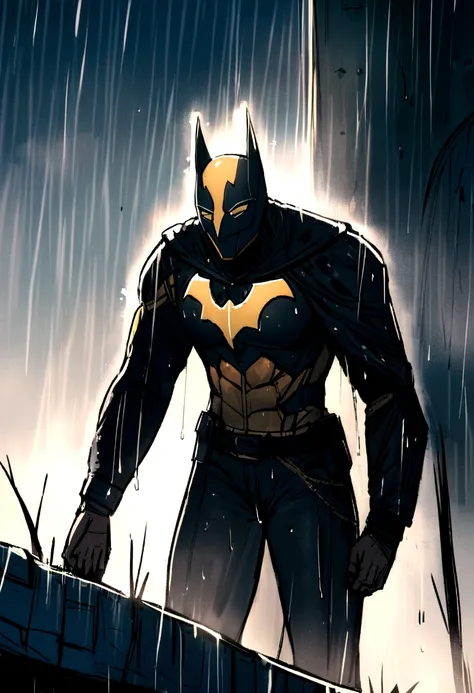 create conceptual arts with batman man with a thin and strong beard he is blond and wet in the rain,Ranni,with half of the mask broken