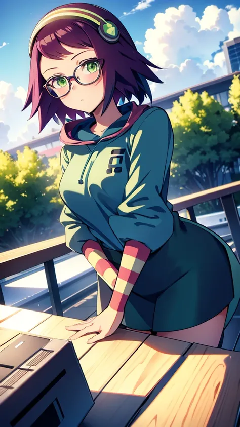 Misora_MegamanSf, 1 Girl, looking at viewer, long hair, Green eyes, Sky background , Blushed , Leaning on a table , Glasses , gaming clothes, gaming headphones