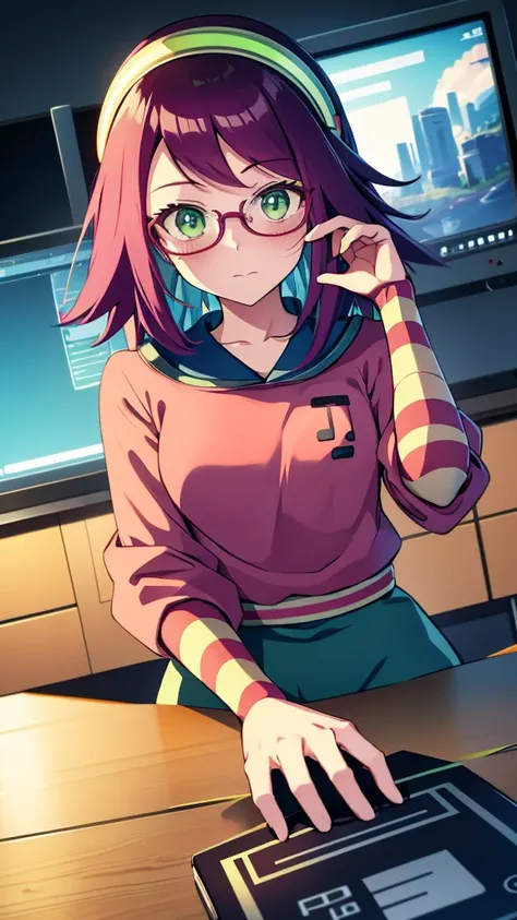 Misora_MegamanSf, 1 Girl, looking at viewer, long hair, Green eyes, Sky background , Blushed , Leaning on a table , Glasses , gaming clothes, gaming headphones