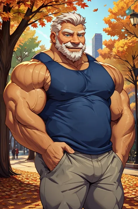 a muscular old man in park, tank top, happy, autumn, suits, vector, mwvector, bokeh, smile, (masterpiece:1.2),(best quality,8k),huge and muscular,thick arms,short hair,white hair,hand on pocket