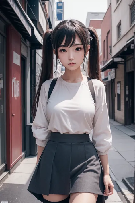 work of art, best qualityer, HuTaoV4, 1 girl, standing alone, blush, twintails, long hair, hair between the eyes, ((Urban clothing)), citys, plein-air, natta, movie poster, 8K extremamente detalhado, Soft, high resolution, ultra quality, cinematic lighting...