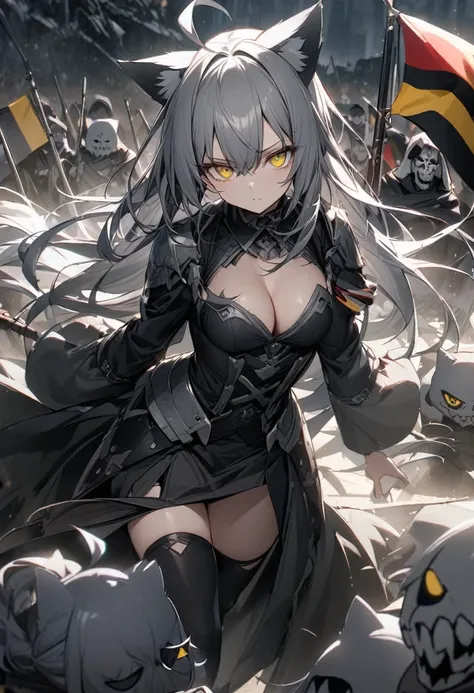 Expressionless、Grey long hairが揺れる、Dynamic Angles、Raising the German flag、Suspicious Gathering、Surrounded by enemieasterpiece, best quality:1.2), 1girl, 独奏、Gray cat ears、Grey long hair、Ahoge、Yellow Eyes、Gray cat ears、Background of military bases、Fisheye Len...