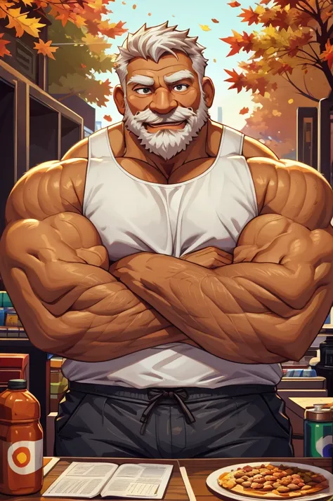 a muscular old man in cashier, tank top, happy, autumn, suits, vector, mwvector, bokeh, smile, (masterpiece), (best quality), 8k. huge and  muscular, thick arms, short hair, white hair