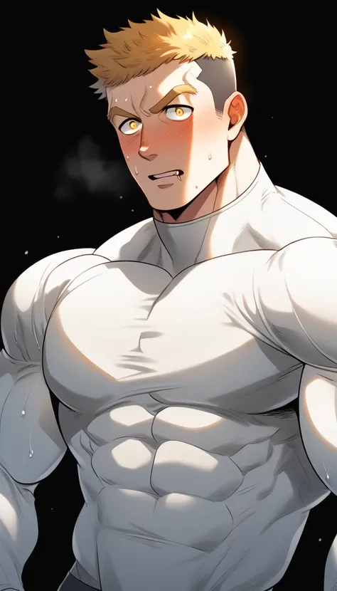 anime characters：Tights superhero, Muscle superhero, 1 muscular tough guy, Manliness, male focus, Mike White high collar long sleeve tight T-shirt, Very tight, The clothes were soaked with sweat, Upright, round and full chest muscles, Male dog waist, Sligh...