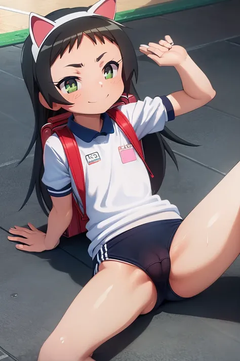 masterpiece, ultra quality, ultra sharp, ultra detailed, 1girl, solo, (((good anatomy))), haduki kurumi, (tattered torn dripping wet white gym shirt), navy gym pants, animal ears, randoseru, name tag, Japanese anime pose, laugh, BurumaShorts, Buruma, Gym U...