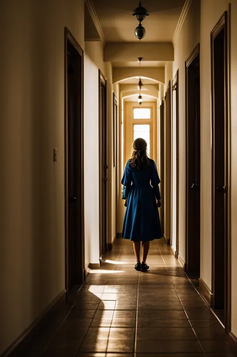 A girl in a hallway looking back with cinders