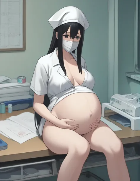 score_9,  score_8_up, score_7_up, source_anime, kasuganoray, pale skin, long hair, scrubs, surgical cap, 
1girl pregnant, solo, furrowed brow,
((Look from top to bottom) (Lie on your back) (Lie on your back) (Lie on the operating table) (Lie in the operati...