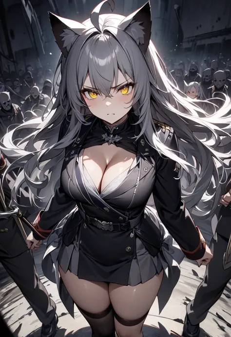 Flying the national flag、Dark room、Dynamic Angles、ドイツのFlying the national flag、Suspicious Gathering、Surrounded by enemies、(masterpiece, best quality:1.2), 1girl, 独奏、Gray cat ears、Grey long hair、Ahoge、Yellow Eyes、Gray cat ears、Background of military bases、F...