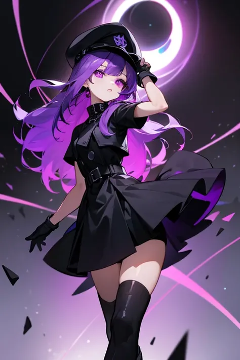 White girl,in black cap,with purple eyes, with a little purple hair,with a black dress,with black gloves,with black boots and a black hole in his hand