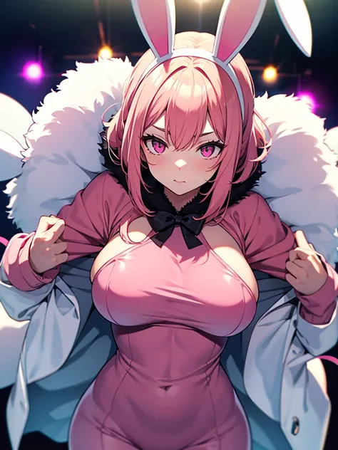 girl, pink fur, pink eyes, big breasts, pink bunny costume.