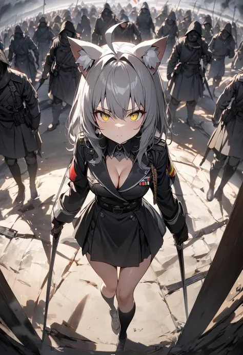 Dynamic Angles、Raising the German flag、Suspicious Gathering、Surrounded by enemies、(masterpiece, best quality:1.2), 1girl, 独奏、Gray cat ears、Grey long hair、Ahoge、Yellow Eyes、Gray cat ears、Background of military bases、Fisheye Lens、battlefield、Shadows of light...