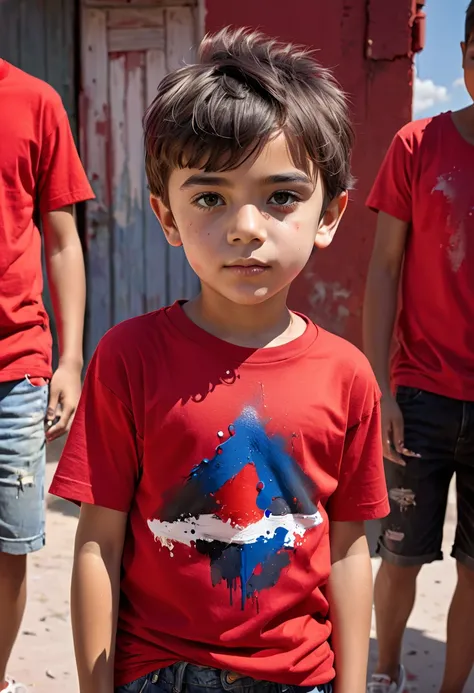 Young boy looking decent wering paint and red t shirt 