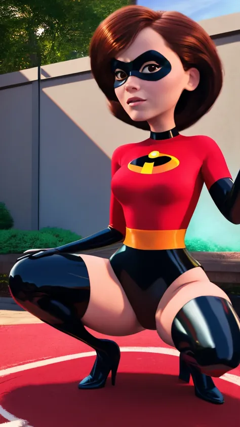 (masterpiece), best quality, outdoors, lens flare, depth of field, 1girl, solo, looking at viewer, breasts, helenparr, domino mask, mask, bodysuit, elbow gloves, thighhighs, thigh boots, squatting, at the bedroom