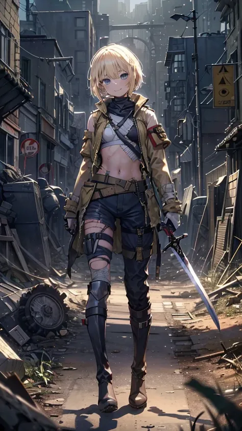 (Young blonde girl), (short hair to shoulders), (big confidence smile), (bandages covering chest), (dirty aspect, scars), (militar pants and boots), (great sword with one hand), (exposed belly), (Torn military clothes), (apocalypse city background), (banda...