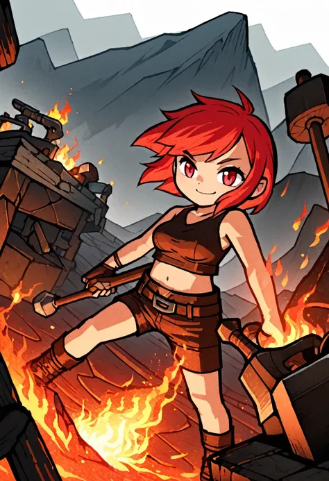 detailed illustration, dynamic angle, ultra-detailed, illustration, 1girl, fire red hair, red orange hair, smith hammer, anvil, lava, mountain, forge, smiling, red eyes, firey eyes, leather clothes, , medium breasts, crop top, shorts, WindWakerStyle