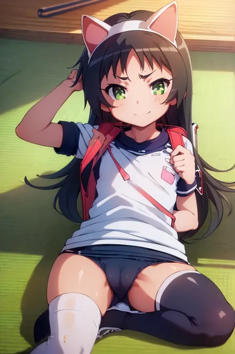 masterpiece, ultra quality, ultra sharp, ultra detailed, 1girl, solo, (((good anatomy))), haduki kurumi, (tattered torn dripping wet white gym shirt), navy gym pants, animal ears, randoseru, name tag, Japanese anime pose, laugh, BurumaShorts, Buruma, Gym U...