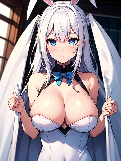 girl, white hair, blue eyes, big breasts, white bunny suit .