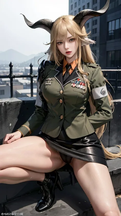 (masterpiece, Highest quality, Absurd,The Face of UHD,Very detailed顔,Official Art, beautifully,aesthetic,skirt lift:1.2), (One girl),Goat horns,Arknights,Degenbrecher,((pencil skirt military uniform,skirt,open legs,Leg lift)),battlefield,Adult, alone, Spre...