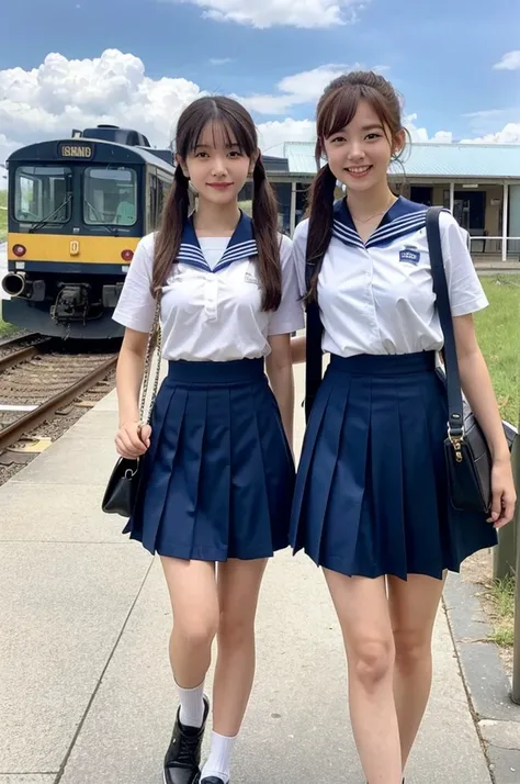 2 girls walking in rural railway station,Japanese express train,cumulonimbus cloud in summer blue sky,white sailor shirt,navy blue pleated skirt,student bag,18-year-old,bangs,a little smile,thighs,knees,wet short hair with low pigtails bunches,from beside,...