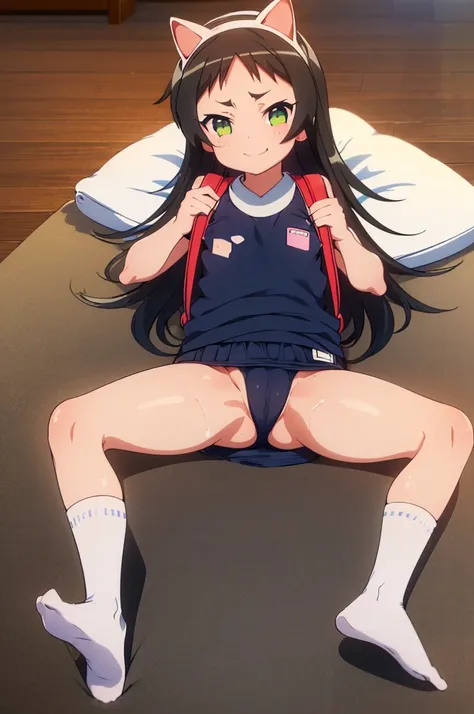 masterpiece, ultra quality, ultra sharp, ultra detailed, 1girl, solo, (((good anatomy))), haduki kurumi, (tattered torn dripping wet white gym shirt), navy gym pants, animal ears, randoseru, name tag, Japanese anime pose, laugh, BurumaShorts, Buruma, Gym U...