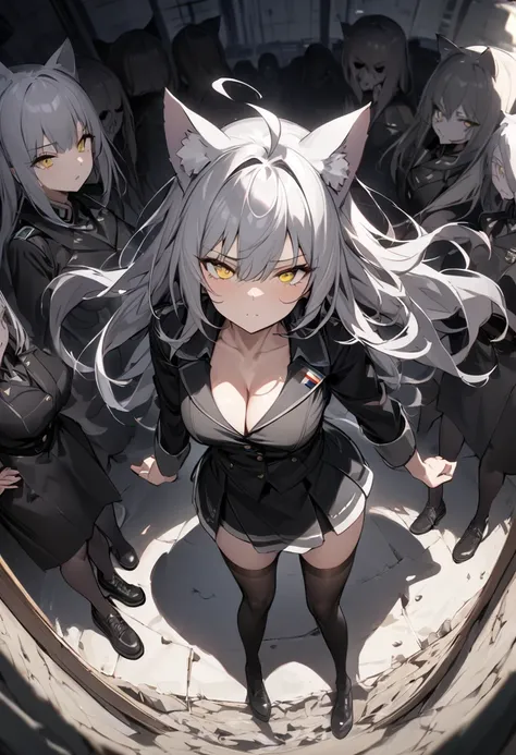 
half eye、Dynamic Angles、Raising the German flag、Suspicious Gathering、Surrounded by enemies、(masterpiece, best quality:1.2), 1girl, 独奏、Gray cat ears、Grey long hair、Ahoge、Yellow Eyes、Gray cat ears、Background of military bases、Fisheye Lens、battlefield、Shadow...