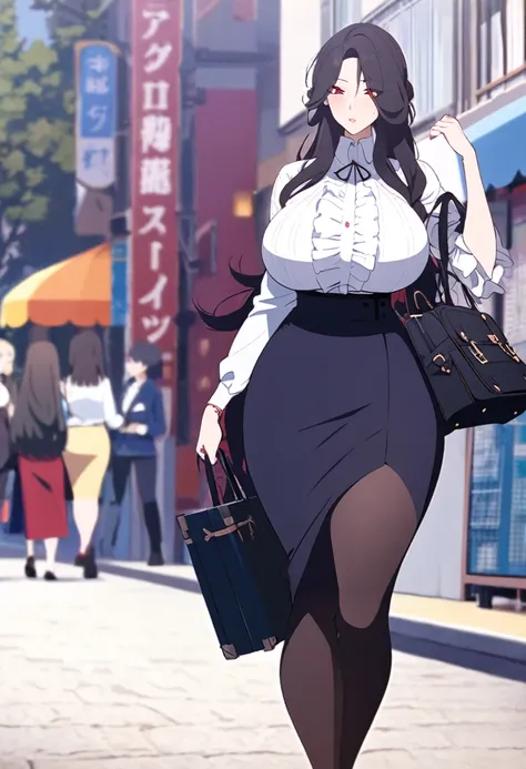 (One tall woman,Black Hair,Long hair,Red Eyes,Large Breasts,Wide thighs)Woman walking on the street,Ruffled shirt,Black long skirt,black tights