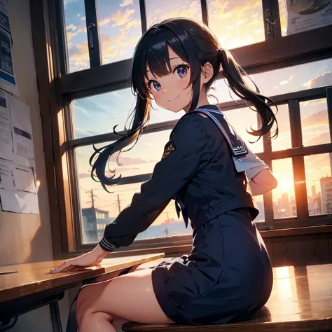 Highest quality, Very detailed, masterpiece, One Girl, Sit on a chair, talk, Smile, 15yo, (low twintails:1.2), Low Pigtails, Black Hair, Long Hair, (Navy blue sailor suit:1.4), Blue ribbon, Long sleeve, School desk, School Chair, classroom, from the front,...