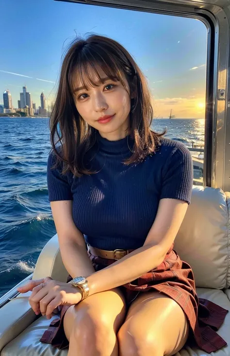 The sky turns red、Woman standing on a boat、Light brown hair、Elegant hairstyle、Blue Eyed Woman、A woman with a cute upward gaze、When the sky gets dark、The gentle light of the ship shines、The sky turns red as the sun sets、Tight clothing that shows your body l...