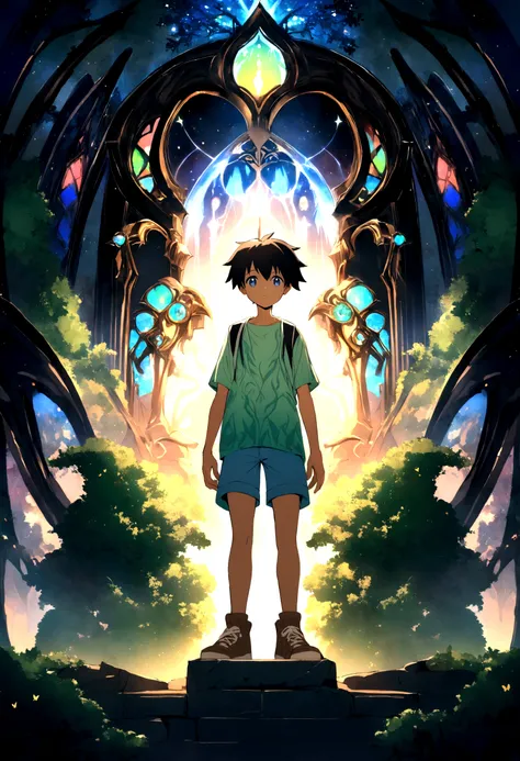 Create a character ,14 year old boy anime style ,with light green blouse ,short blue shorts, all brown sneakers long black hair ,in front of a magical portal standing with your back entering a magical kingdom full of magical creatures