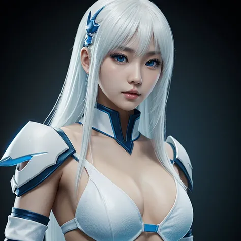 Korean girl, white long hair with bangs, icy blue eyes, white skin, white skimpy ninja suit, video game style, mortal kombat style