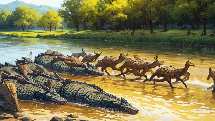 A picture of the crocodiles lined up in the river, with the deer starting to jump on the first crocodiles back