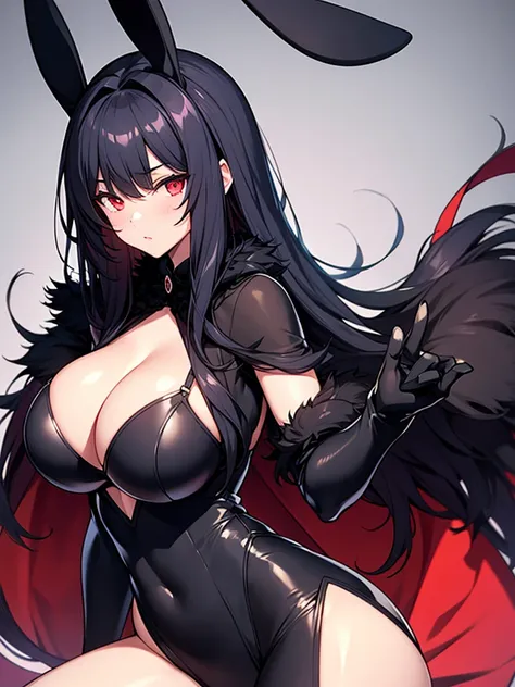 girl, black fur, Red eyes, big breasts, black bunny suit.