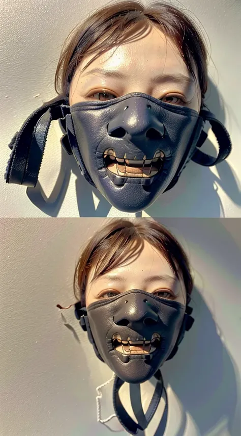 A realistic, detailed leather mask inspired by Leatherface from The Texas Chainsaw Massacre, isolated on a plain background, showing only the mask with no character or face,A mask made of human facial leather,Aged mask,showcase