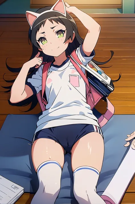 masterpiece, ultra quality, ultra sharp, ultra detailed, 1girl, solo, (((good anatomy))), haduki kurumi, (tattered torn dripping wet white gym shirt), navy gym pants, animal ears, randoseru, name tag, Japanese anime pose, laugh, BurumaShorts, Buruma, Gym U...