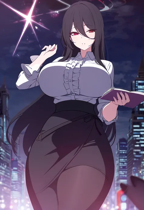 (One tall woman,Black Hair,Long hair,Red Eyes,Large Breasts,Wide thighs)A woman using magic in the city at night,Ruffled shirt,Black long skirt,black tights