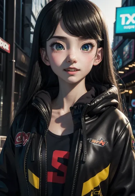 masterpiece, best quality, half body, portrait, night city, 1girl, anime, 3d, japan, pixar, realistic, teen girl, smiling, cute ...