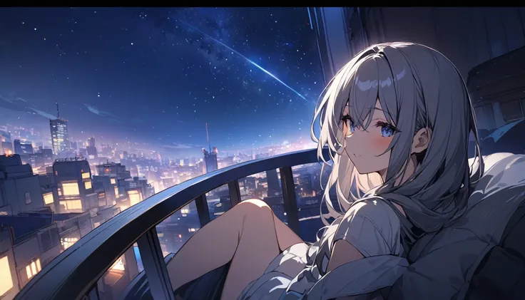 (Highest quality), A girl relaxing,While watching the night view,Beautiful starry sky