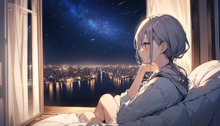 (Highest quality), A girl relaxing,While watching the night view,Beautiful starry sky